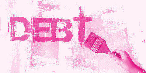 Debts word with paintbrush in hand in red on a white and grey grundge wall. Financial problem...