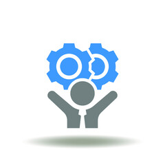 Vector illustration of man with hands up and gears mechanism over head. Icon of facilitator. Symbol of facilitation.