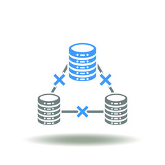 Vector illustration of server network with cross connection. Icon of decentralized networking computing database system. Symbol of information silo. © wladimir1804