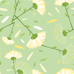 Vector floral seamless pattern. Chamomile, daisies with leaves. Design for fabric, posters, wallpaper, banners, textiles, packaging, wrapper.