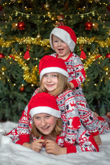 three children have fun on the background of the Christmas tree. children are dressed in New Year's...