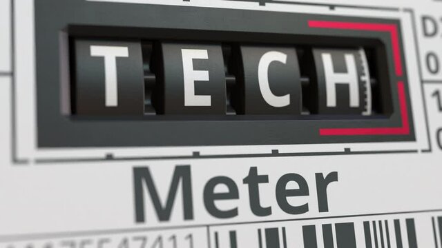Analog counter or meter with TECH text. Conceptual 3D animation