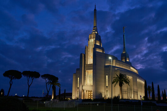 The baroque revival styled Rome Italy Temple mormon church in Rome at dusk