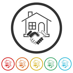 Handshake and real estate logo isolated on white background, color set