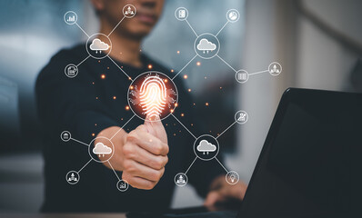 Man touching fingerprint of Cloud networking concept, touch screen with hand connection line on the White background, Cloud computing is system for sharing download and upload big data information