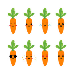 Set, collection, pack of carrot emoji, vector cartoon style icons of orange carrot vegetable characters with different facial expressions, happy, sad, joyful, wearing sunglasses.
