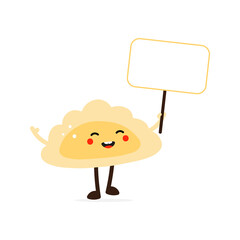 Cute smiling cartoon style pierogi, filled dumpling character holding in hand blank sign, card, banner.