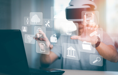 Man wearing VR glasses virtual touchscreen on the graph Screen Icon of a media screen, Technology Process System Business with Communication and marketing concept, big data, HR Human, Business success