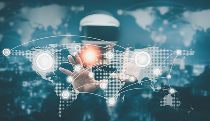 Man wearing VR glasses virtual touch map navigating the virtual world ,Business analytics and financial concept, Plans to increase business growth and increase ,Technology and Business trend analysis.