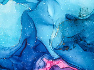 Abstract bright color fluid background, hand drawn alcohol painting with golden streaks, liquid ink technique texture for backdrop design © Tilra