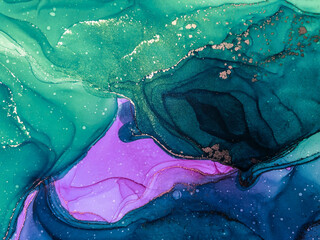 Abstract bright color fluid background, hand drawn alcohol painting with golden streaks, liquid ink technique texture for backdrop design