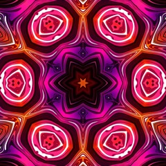 Floral spiritual kaleidoscope pattern illustration. Gradient warm colors neon glow geometric star. Pink, purple, orange. Meditation feeling, hypnotic psychodelic stylish ornament texture design.