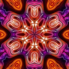 Liquid fluid lines mandala kaleidoscope magic neon glow pink and orange gradient abstract background. Flower ornament design symmetrical wallpaper print cover digital art