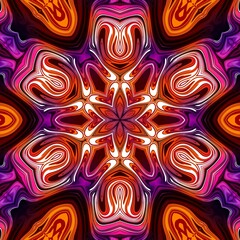 Liquid fluid lines mandala kaleidoscope magic neon glow pink and orange gradient abstract background. Flower ornament design symmetrical wallpaper print cover digital art