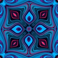 Abstract blue neon glowing futuristic pattern with liquid fluid repetitive lines that come together in a floral motif. Hypnotic square ornament design for prints, posters, party invitations.