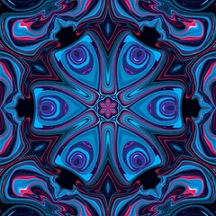Blue neon glow floral pattern. Technology digital art kaleidoscope mandala flower fluid liquid lines and shapes