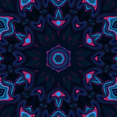 Neon glow pattern with blue and pink geometric shapes. Space technology kaleidoscope with liquid fluid lines and floral motif