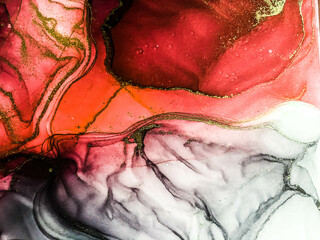 Abstract bright color fluid background, hand drawn alcohol painting with golden streaks, liquid ink technique texture for backdrop design