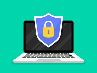 Laptop protection concept. Protecting data on computer. Flat cartoon laptop protected with shield symbol, idea of pc security. Privacy, safety. Vector illustration