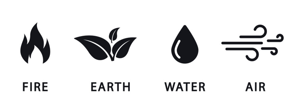 Four natural elements icons - Air, Earth, Fire, and Water. Nature elements concept. Abstract concept for nature energy, synergy, tourism, travel, business. Vector logo template. Flat design.