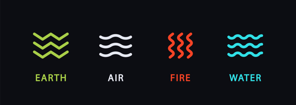 Four natural elements icons - Air, Earth, Fire, and Water. Nature elements concept. Abstract concept for nature energy, synergy, tourism, travel, business. Vector logo template. Flat design.