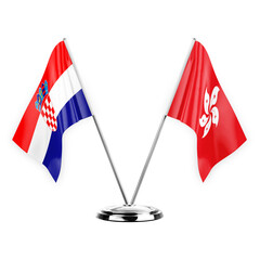 Two table flags isolated on white background 3d illustration, croatia and hong kong