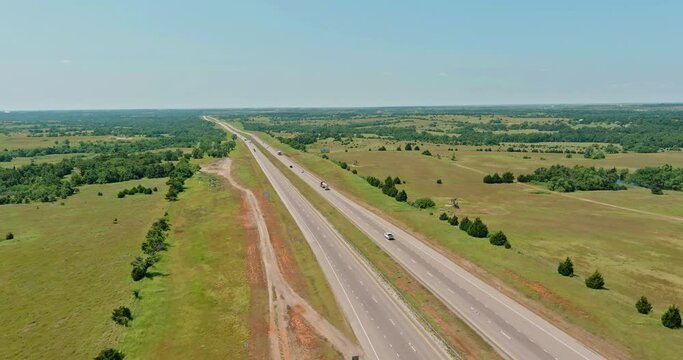 Panoramic top view sunny day of beautiful highway 66 interchange road near small town Clinton in Oklahoma US