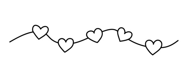 Hand drawn cartoon illustration of outline garland with hearts. Cute doodle simple valentines day line art. Flat minimal vector love, party, festive postcard, icon or print. Isolated.