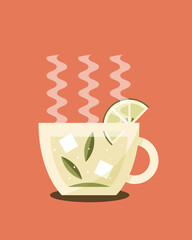 Refreshing tea with pieces of sugar, slice of lemon and mint in a cup flat simple vector icon isolated on red background