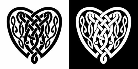 Weaving style design in black and white color for Valentine Day. Celtic knot pattern Intertwined hearts. Isolated Vector illustration - obrazy, fototapety, plakaty
