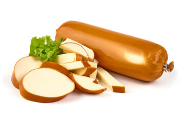 German Smoked cheese sausage, macro, isolated on white background.