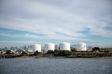 The Fuel Aviation JP4 Tank Farm at the San Diego Helicopter Air Base on the Coronado Bay as Seen from a Boat with Tanks Storing Fuel