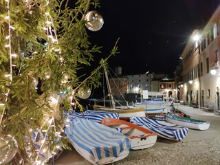 christmas tree decorations and boats, Sestri Levante, Italy