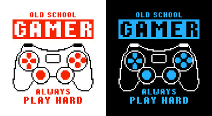 Gamepad or joystick in pixel art style for t-shirt design. Set of tee shirts with pixel text slogan and pixelated joypad for gamers. Apparel print for video game concept. Vector illustration. - obrazy, fototapety, plakaty