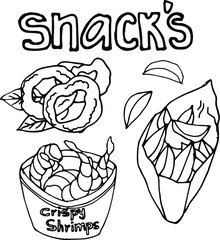 Vector hand drawn burgers and snacks objects, drawn fast food elements, street food, lettering snacks, fried calamari, fried shrimps, fried potatoes, spiced weggies