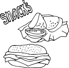 Vector hand drawn burgers and snacks objects, drawn fast food elements, street food, snackes set, cheeseburger, fried cheese