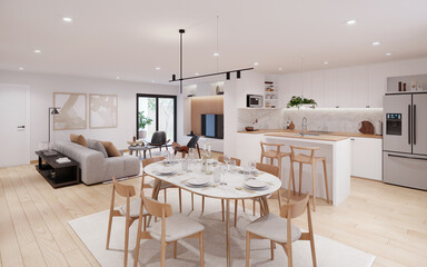 Área social de departamento comedor cocina y sala, 3d rendering