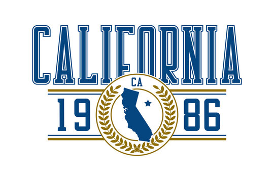 California T-shirt Design. Typography Graphics For College Tee Shirt With California Map. Varsity Style Apparel Print. Vector Illustration.