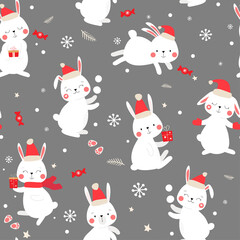 Seamless winter New Year pattern with rabbits. Funny cute bunnies in Santa hats with gifts, snowflakes, fir twigs. Vector graphics.
