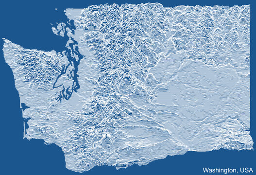 Topographic technical drawing relief map of the Federal State of Washington, USA with white contour lines on blue background