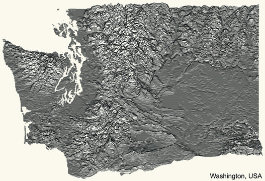 Topographic relief map of the Federal State of Washington, USA with black contour lines on beige background
