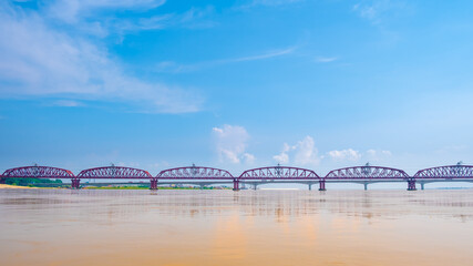 Harding Bridge. An old steel railroad bridge over the wide and fast river Padma.