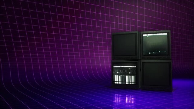 New retro wave virtual background with an old style videowall. An angle view TV backdrop Ideal for tech shows, games, or music events. 3D render suitable on VR tracking systems with green screen