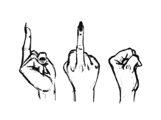 Hand drawn gesture fuck, black on white. Obscene gesture middle finger up. Female fist from the side. Vector illustration of female hands with long nails isolated.