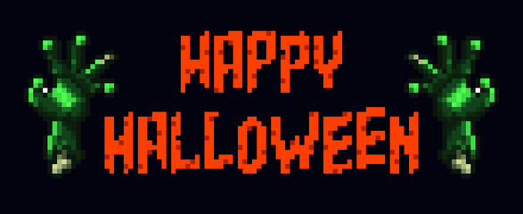Happy Halloween Pixel Banner with Zombie Hand on Black Background.