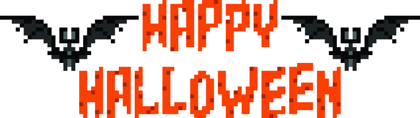 Happy Halloween Pixel Banner with Bat on White Background.