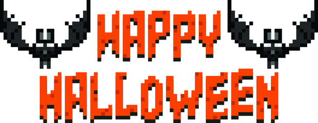 Happy Halloween Pixel Banner with Bat on White Background.