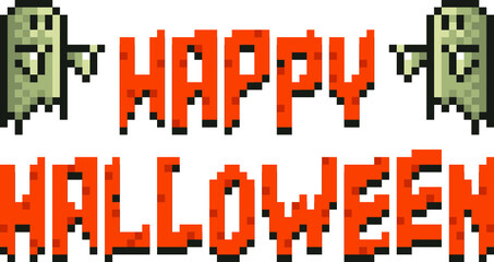 Fototapeta premium Happy Halloween Pixel Banner with Ghosts on White Background.