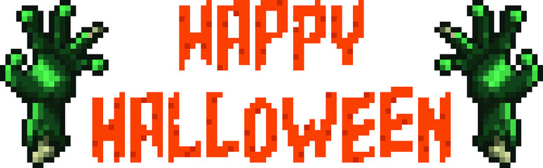Happy Halloween Pixel Banner with Zombie Hand on White Background.