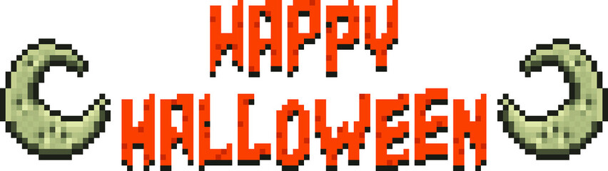 Happy Halloween Pixel Banner with Moon on White Background.